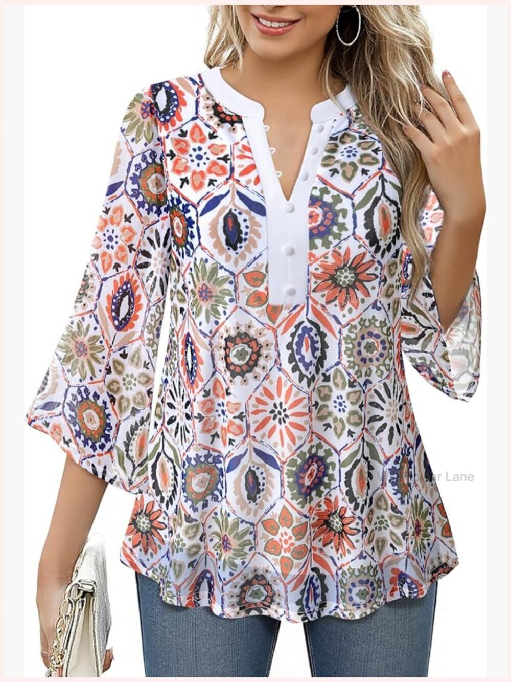 3/4 Sleeve Blouse - V-Neck Double Layer Mesh - Dressy Casual - Flowy - Button